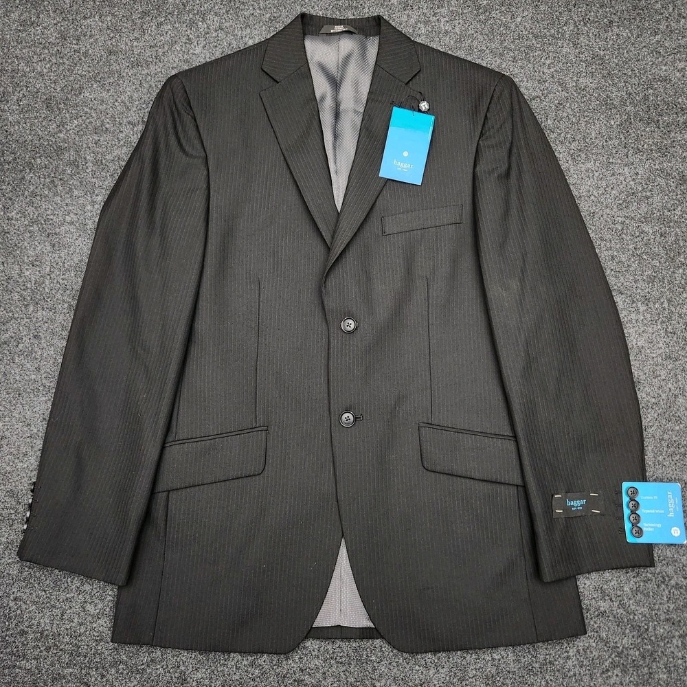 Haggar Mens 38R Black Pinstriped Custom Fit Suit Jacket Coat Tapered Waist‎